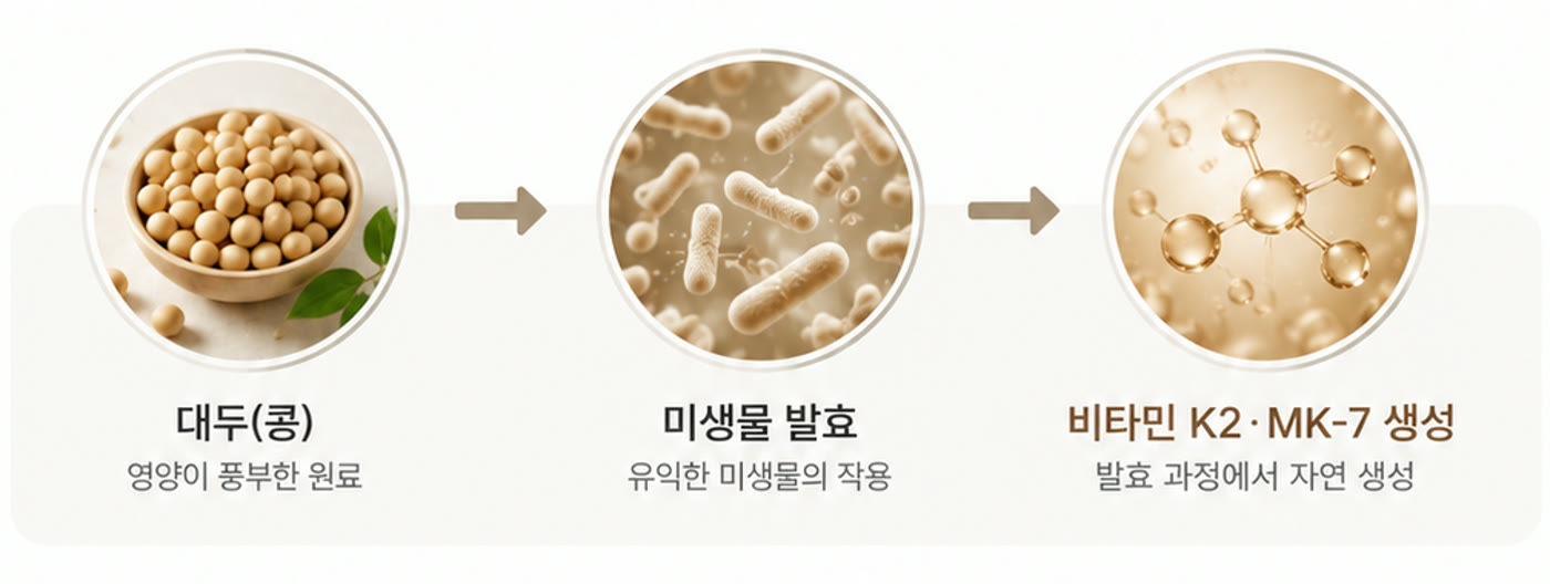대두, 미생물 발효, 비타민 K2·MK-7 생성으로 이어지는 과정을 표현한 이미지